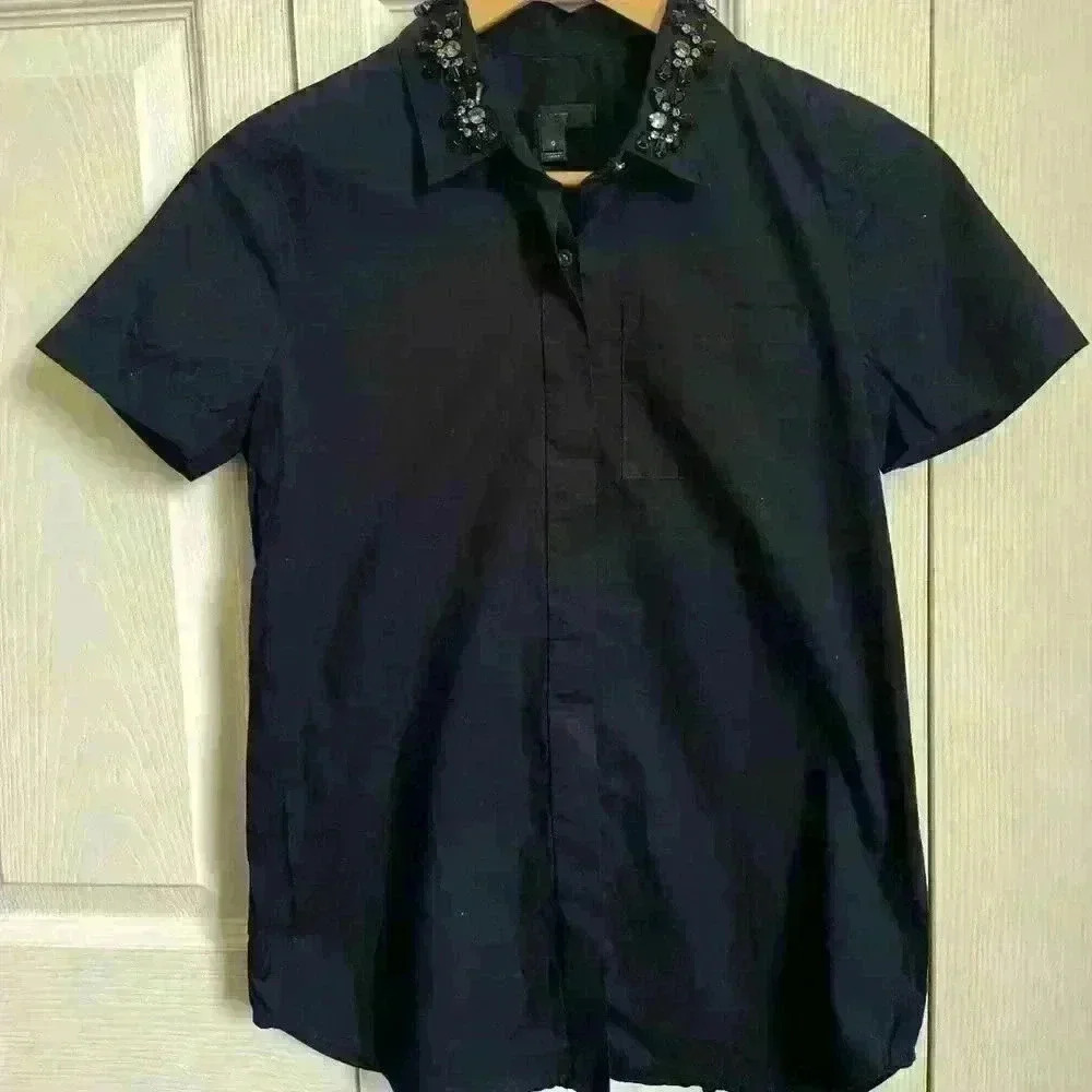 J. Crew Jeweled Collar Short Sleeve Button Shirt - Size 0 - Picture 1 of 8